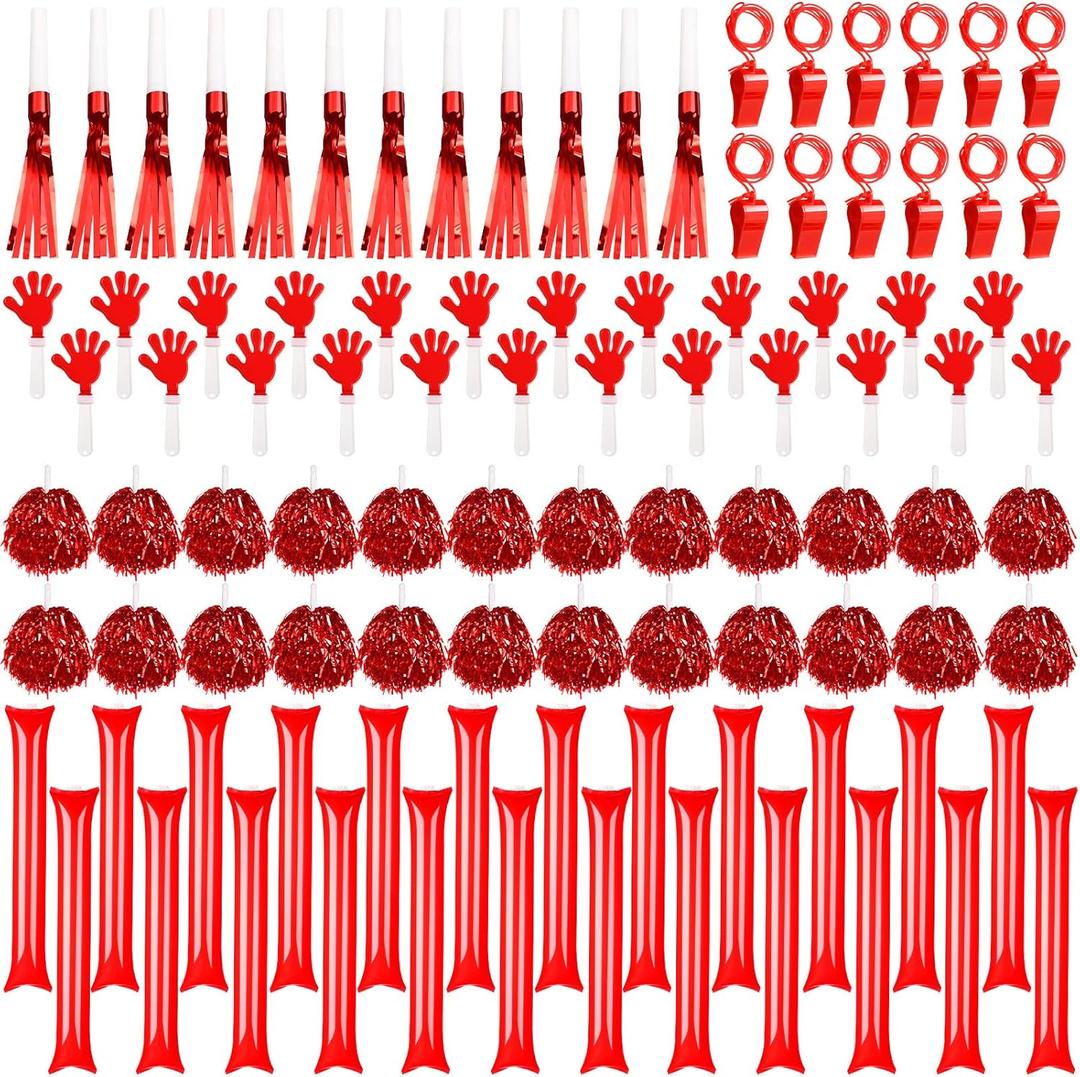 Yunsailing 96 Pcs Noisemakers Team Spirit Accessories for Back to School Include Hand Clappers Cheerleading Pom Pom Thunder Stick Cheer Party Blower Plastic Whistle for Spirit Week Sport(Red)