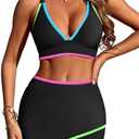 ZAFUL Women's High Waisted Bikini with Skirt Whip Stitch 2 Piece Swimsuits Tummy Control Bathing Suit, Large