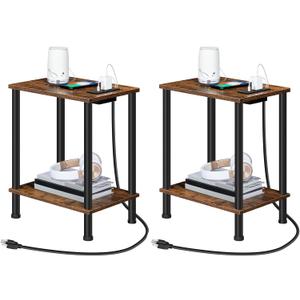 HOOBRO Side Table with Charging Station, Set of 2 End Tables with USB Port and Outlets, Nightstand with 2-Layer Storage Shelves for Small Spaces, Living Room, Bedroom, Rustic Brown BF09UBZP201, 15"l X 11"w X 21.7"h