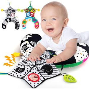teytoy Tummy Time Pillow with Crinkle Mat & Teethers, Black and White High Contrast Baby Toys with Mirror, Montessori Sensory Crawling Toy for Infant Newborn Toddler Tummy Time Toys 0-6 Months Babies