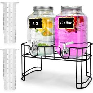 DD&HAPP Glass Drink Dispensers For Parties. 1.2 Gallon Beverage Dispenser With Stand And Stainless Steel Spigot .Lemonade Dispenser With Ice Cylinder.Mason Jars,Laundry Detergent Dispenser.