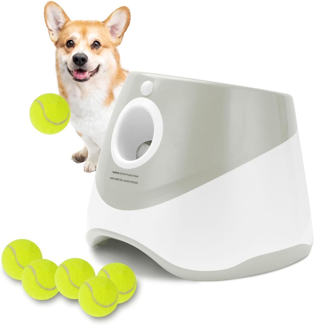 Elevon Dog Ball Thrower Launcher, Indoor/Outdoor Automatic Ball Launcher for Small and Medium-Sized Dogs, Includes 6 Mini Tennis Balls and a Data Line, Grey