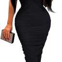 BEAGIMEG Women's Sexy Elegant Bodycon Sleeveless Ruched Off Shoulder Night Party Cocktail Midi Dress (Large, Black)