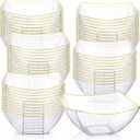 Tanlade 50 Pcs Square Plastic Serving Bowls with Gold Rim Disposable Party Snack Salad Bowl 8oz Candy Containers Taco Bar Serving Dishes for Wedding Buffet Party(Clear)