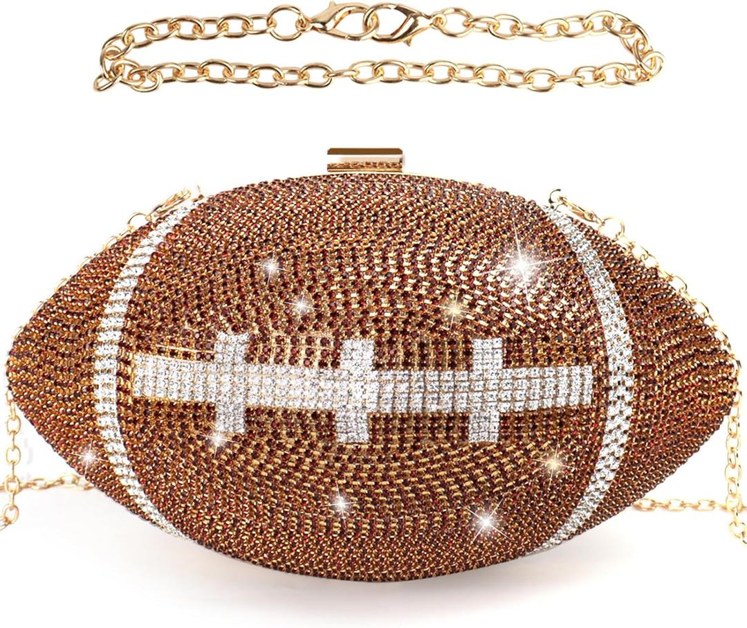 Football Purse Rhinestone Sparkly Glitter Clutch Purses Women Bling Evening Bag Crystal Rugby Ball Shaped Novelty for Party (Brown)
