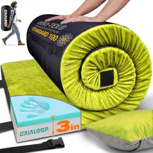 GAIALOOP 3 Inch Memory Foam Camping Mattress, Dual Layer Thick Sleeping Camp Pad for Car Tent Cot, Roll-Up Portable Glamping Floor Bed for Guests Sleepover