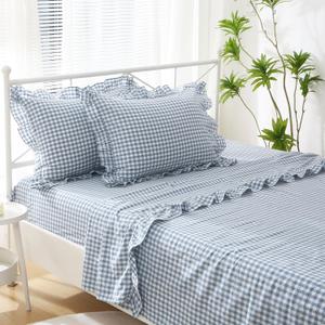 Dust Blue White Plaid Ruffle Sheets King Size 4-Piece Set, 300TC 100% Yarn Dyed Cotton Sheets 18 in Deep Pocket Classic Gingham Decorative Bedding (Dust Blue/White Plaid, King)