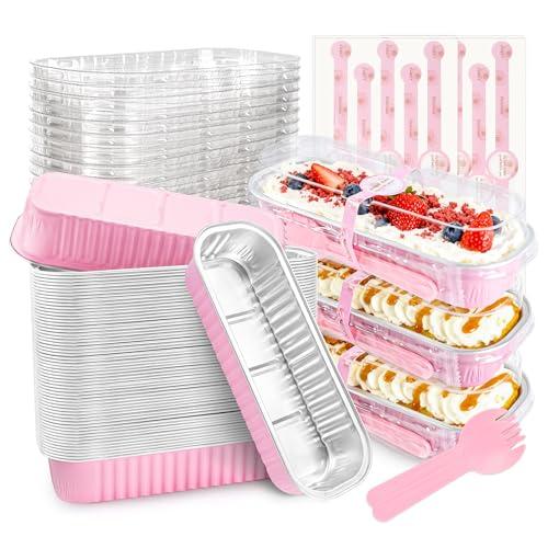 NPLUX 50 PACK Mini Cake Pans with Lids and Spoons,Rectangular Aluminum Foil Bread Pan,Mini Loaf Pans and Food Containers with Lids Mothers Day Gifts Party Favors(Pink,6.8oz)