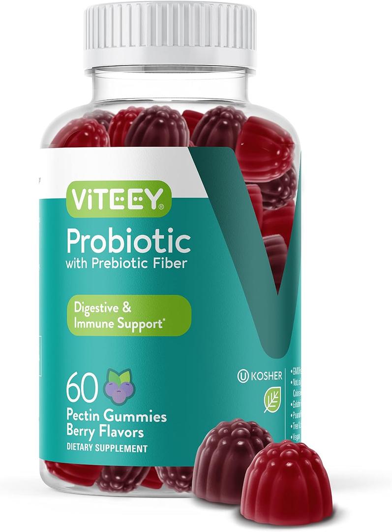 Viteey Probiotic Gummies with Prebiotics  Gut Health Supplements for Digestive Health  2 Billion CFUs  Vegan, Gluten-Free  60 Count