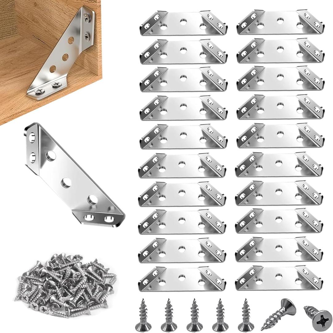 20 Pack Furniture Corner Connector, Corner Brackets for Wood,Stainless Steel Trapeziform Corner Brace with 140pcs Screws for Wooden Furniture, Cabinets, Tables, Chairs, Drawers, Cupboards