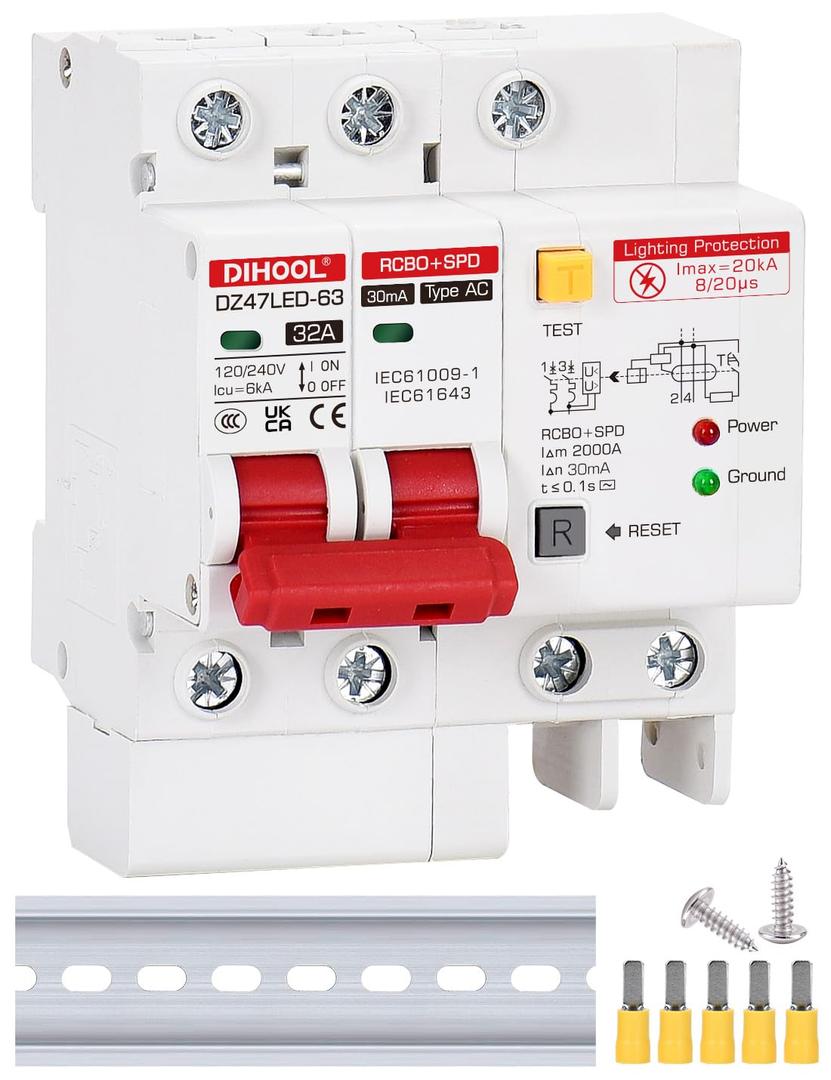 DIHOOL Ground Fault Circuit Breaker with Voltage Surge Arrester Protection, 32Amp, 2 Poles, AC 120V-240V, DIN Rail Mount Residual Current Circuit Breaker