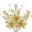 Oairse 3 Pcs Gold Artificial Poinsettia Flowers Picks Glitter Christmas Floral Picks and Sprays Christmas Fake Flowers Stems with Berries Pine Branches Fillers for for DIY Centerpieces Vase Decor