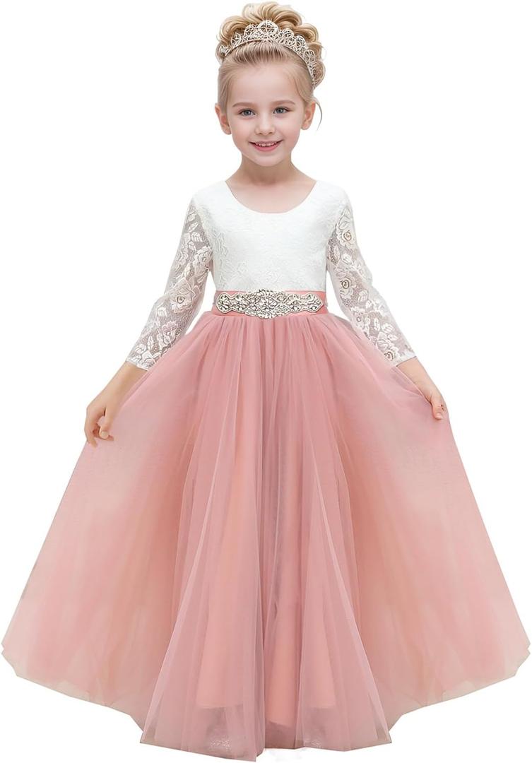 Abaowedding Lace V-Back Flower Girl Dress Tutu Tulle Princess Party Dress with Satin Sash, 6-7Y
