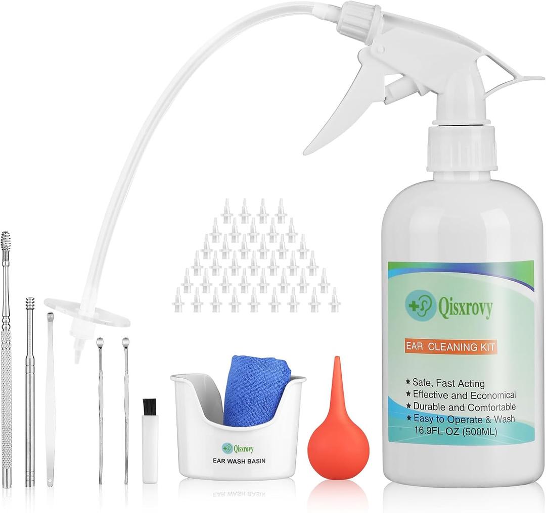 Ear Wax Removal Tool, Ear Cleaning Kits Safe Ear Irrigation Kit Ear Flush Kit for Adults Kid, Ear Wax Washer Device Easy to Operate, Includes Basin, Syringe, Curette Kit, Towel and 40 Disposable Tips