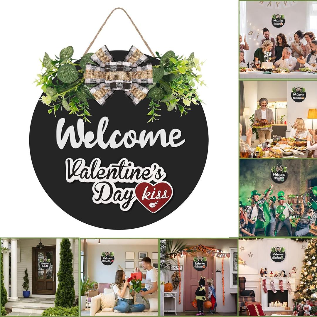 RoseCraft Interchangeable Wooden Seasonal Black Welcome Sign, Rustic Welcome Front Door Wreaths for Home Wall Porch Decor, for Easter Spring Summer Fall Halloween Christmas All Season Decorations.