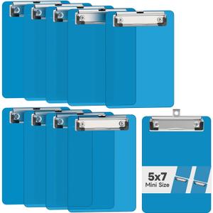 Mini Clipboard 10 Pack, 5 x 7 Plastic Small Blue Clip Boards with Low Profile Clip, Memo Size for Classroom, Teacher, Students, School & Office Supplies