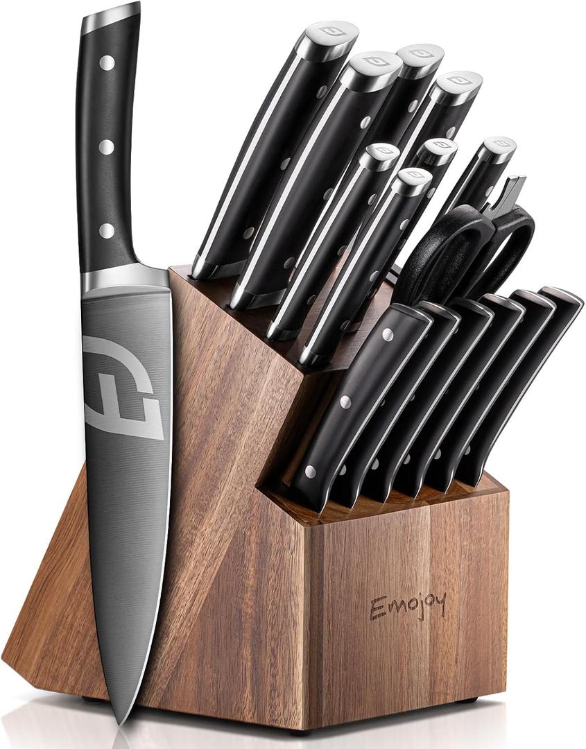 Emojoy Knife Set, Kitchen Knife Set with Block  17 PCS German Titanium Steel Knives with Heavy-Duty Acacia Wood Block and Built-in Sharpener for Home Cooking, Dishwasher Safe