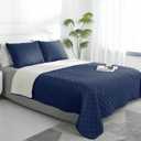 Easy-Going Full/Queen Size Reversible Quilt Set with 1 Quilt and 2 Pillow Shams, Soft Bed Quilt Cover, Water Resistant Lightweight Bedspread, Stain Resistant, Navy/Ivory