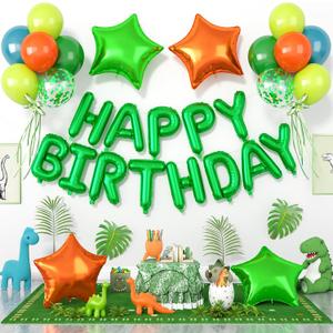 29PC Green Orange Happy Birthday Balloons Banner, 16Inch 3D Aluminum Letter Banner Sign, Green Orange Balloon 18 Inch Star Foil Balloon for Women, Men Party Supply