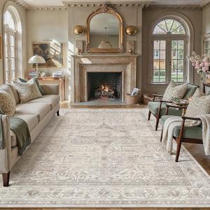 8x10 Washable Vintage Area Rug Beige Oriental Living Room Bedroom Throw Rug Neutral Non Slip Soft Low Pile Carpet for Dining Room Office Nursery Indoor
