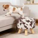 Asense Small Round Ottoman Foot Rest Stool Linen Padded Seat Footstool Ottoman with Anti-Slip Wooden Legs (Cow Brown,Linen), 11.2"D x 11.2"W x 10.4"H