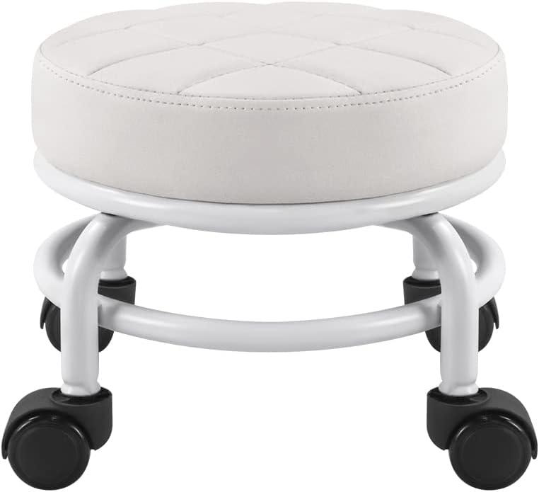 FURWOO Low Roller Seat PU Leather Rolling Stool Step Stool Mechanic Stool on Wheels for Home Office Garage Shop White