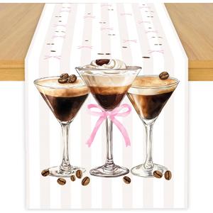 Espresso Martini Theme Table Runner, Martini Lovers Linen Fabric Table Runner for Everyday Use 72 x 13 Inches, Washable Table Cover for Indoor Outdoor Kitchen Dining Table Home Decor (Pink and Brown-martini)