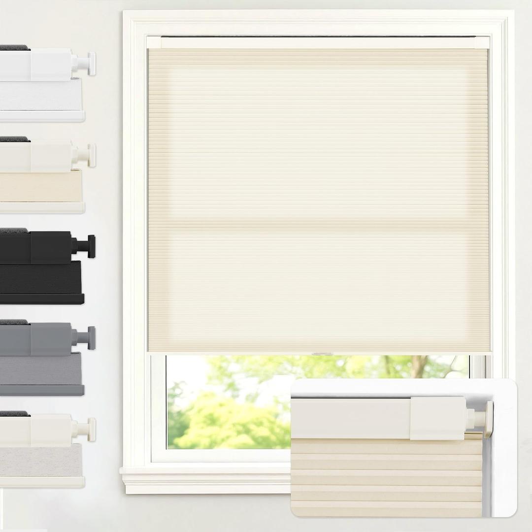 AOSKY No Tools No Drill Cordless Cellular Shades Blinds for Indoor Windows, Light Filtering Thermal Insulated Honeycomb Window Blinds Shades for Living Room Bedroom, 36" W x 64" H, Beige