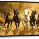 Large Horse Wall Art Lucky 7 Running Horses Painting Wall Decor Golden Canvas Prints Pictures Modern Framed Artwork Home Decoration above Bed for Living Room Dining Room Bedroom Office 60"x30"