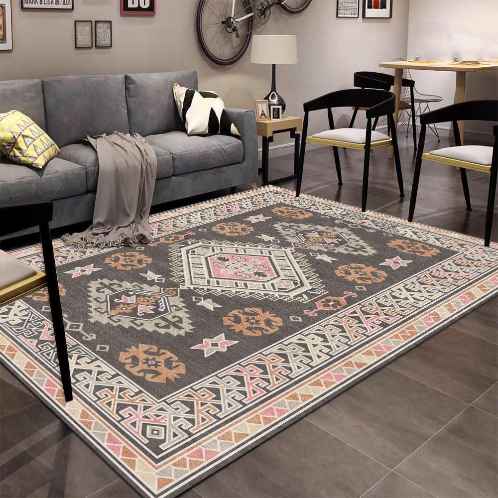 5X7 Machine Washable Floral Collection Traditional Bedroom Rug, Low Pile Cute Kids Room Print Carpet, No Slip Office Kitchen Home Decor Vintage Design Area Rugs for Living Room (Zr4- Washed Carpet-pink)