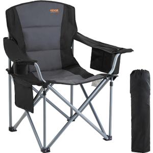 VEVOR Camping Folding Chair, Portable Heavy Duty Outdoor Quad Lumbar Back Padded with Side Pockets, Cup Holder and Cooler Bag for Beach, Lawn, Picnic, Fishing, Backpacking, Black