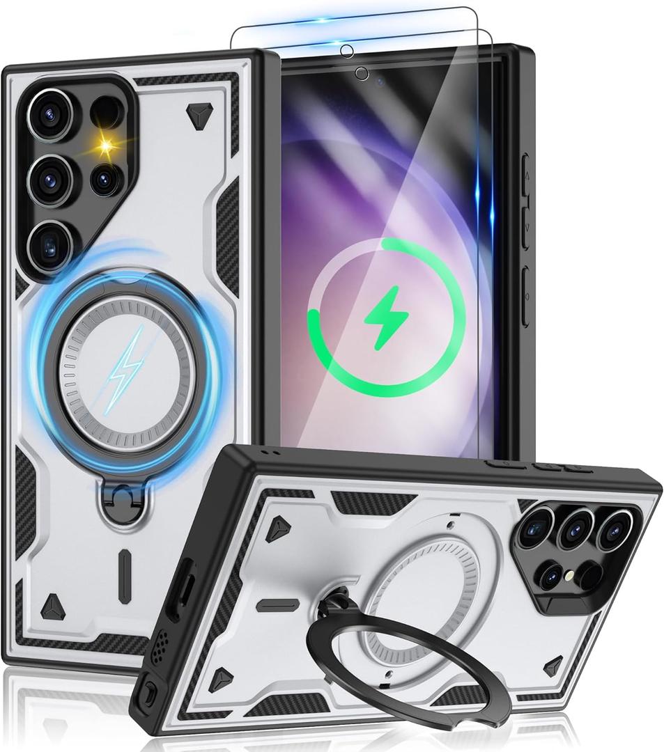 for Samsung Galaxy-S23-Ultra-Case with Magsafe & [HD Screen Protector2][Anti-Fingerprint], 360 Metal Rotated Kickstand,Military Grade Shockproof Protective for Galaxy S23 Ultra Case,Gray