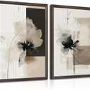Tocliky Modern Abstract Floral Wall Art Minimalist Neutral Canvas Painting Decor Beige Cream And Black Wall Art Contemporary Flower Picture Prints for Living Room Bedroom 16x24 Inch Framed Set of 2,Ink Wash Flower Prints