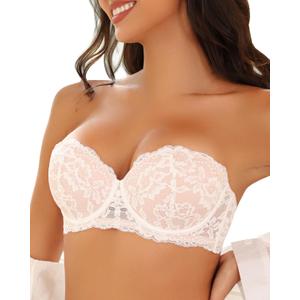 Strapless Bra Push Up Lace Padded Convertible Multiway Underwire Bras Add 1 Cup (34C, Two-tone White Lace)