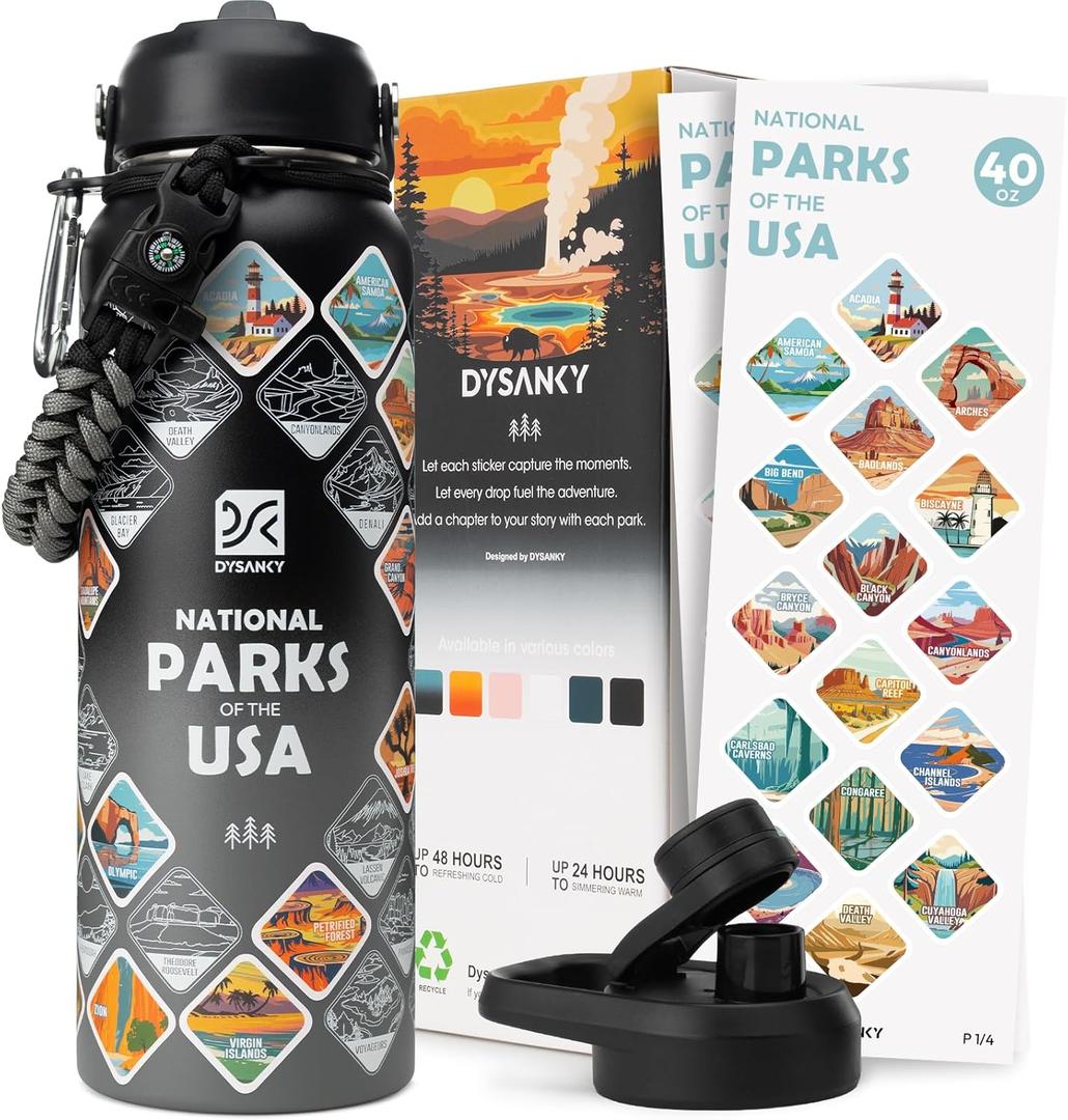 National Parks Water Bottle  40 oz Insulated Stainless Steel Water Jug with 67 Park Stickers, Outdoor Accessories & Gift Box  BPA-Free  Ideal for Hiking, Camping & Travel (Black/Gray)