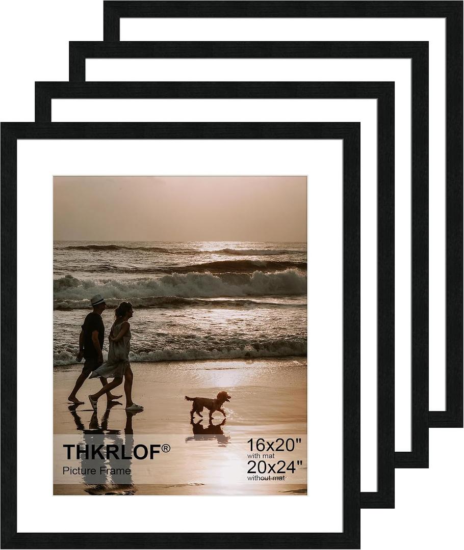 20x24 Picture Frame Set of 4, Wooden Poster Frames with 16x20 Mat for Wall Display,Black, 20x24 in - 4P