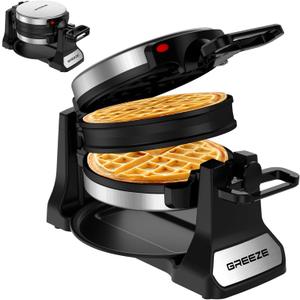 Waffle Maker, Double Belgian Waffle Maker 180Flip, 1400W Waffle Iron 8 Slices, Rotating & Nonstick Plates with Removable Drip Tray for Easy Clean, Stainless Steel, Locking Buckle & Cool Touch Handle