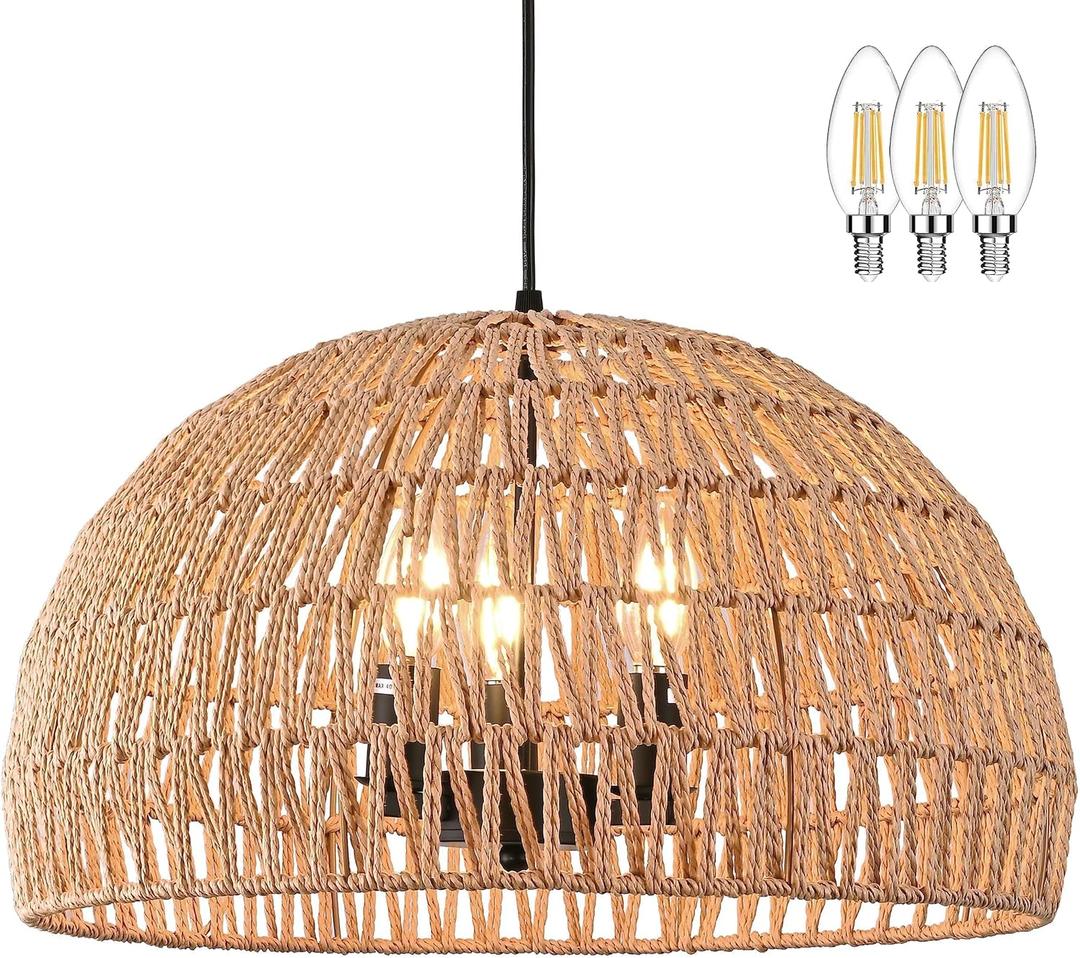 17.6 inch Hemp Rope Woven Wicker Pendant 3-light Rattan Boho Farmhouse Dome Pendant for Dining Room Bedroom Kitchen (Bulb Included)
