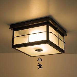 Motion Sensor Outdoor Ceiling Light, Flush Mount Ceiling Light Fixture with Adjustable Sensor 2-Light Black Outdoor Light Fixture Ceiling Mount with Frosted Glass for Porch