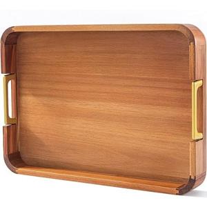 Acacia Wood Serving Tray with Metal Handles, 17x12in Food Drinks Tray for Coffee Table, Breakfast, Dinner & Bar, Rustic Decorative Storage Tray for Ottoman, Kitchen, Parties