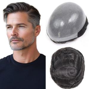 HAPPY&CC Toupee for Man Thin Skin PU Men's Hairpiece European Virgin Human Hair Replacement System Pieces Male Hair Prosthesis Unit for Men with 10% Synthetic Gray 10x8inch