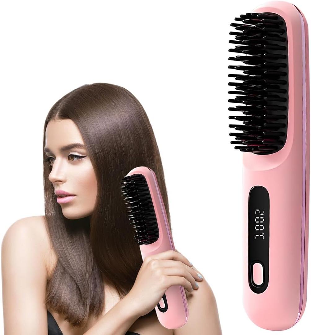 Go Brush Pro 2026 Hair Straightener Brush, Cordless Hair Straightener Brush for Short Hair, Mini Portable Straightening Brush with 3 Heat Settings & LED Display, Rechargeable Travel Hair Brush (Pink)