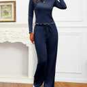 Gargenwed Women's Two-Piece Lounge Set, Long Sleeve Top and Wide Leg Pants with Pocket Casual Comfort Outfit (Medium, Dark Blue)