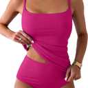 Eomenie Women's Swimsuit Tankini Tummy Control Bathing Suits Two Piece Full Coverage Slim Swim Suits with High Waisted Bottom, Large, Hot Pink-ribbed