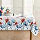 Horaldaily 4th of July Tablecloth 5270 Inch Rectangular, Blue Red Flowers Printed Independence Day Memorial Day Table Cover for Party Dinner Patio Garden Picnic (White)