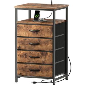 Huuger Night Stand with Charging Station, 4 Drawer Dresser for Bedroom, Bedside Table, 33.9 Inch Tall Nightstand with Open Shelf, End Table, for Closet, Entryway, Bedroom, Rustic Brown