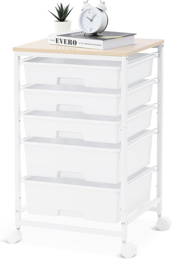 SYKIARIOL Utility Cart with 5 Drawers, Storage Drawer Cart with Wooden Tabletop and Lockable Wheels, Craft Storage Trolley Cart, 5-Tier Rolling Utility Cart on Wheels, Bright White
