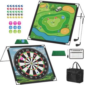 Golf Chipping Game with Large Double-Sided Chipping Mat, 2 Adjustable Clubs, 9 Sticky Pickleballs,30 Sticky Golf Balls,Portable Practice Game for Dads and Junior Golfers - Indoor and Outdoor
