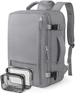 FALARK Travel Backpack for Women Men, 40L Carry On Backpack with USB Charging Hole, 17 Inch Laptop Backpack Flight Approved Luggage, Waterproof Personal Item Bag for Weekender, Travel, College, Grey
 (Large)