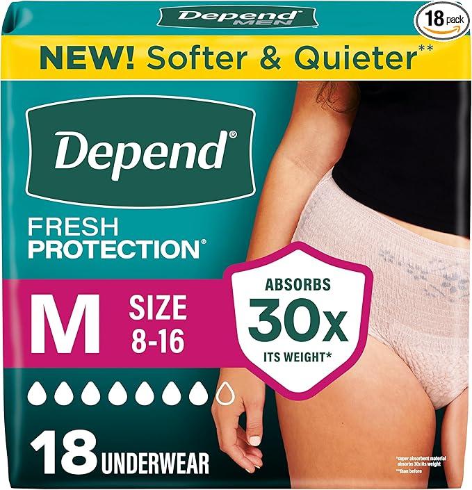 Depend Fresh Protection Adult Diapers, Incontinence & Postpartum Bladder Leak Underwear for Women, Disposable, Maximum, Medium, Blush, 18 Count